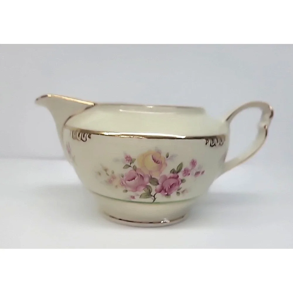 Bavaria Germany US Zone Sugar & Creamer-Ivory w/Pink/Yellow Flowers-Gold Trim